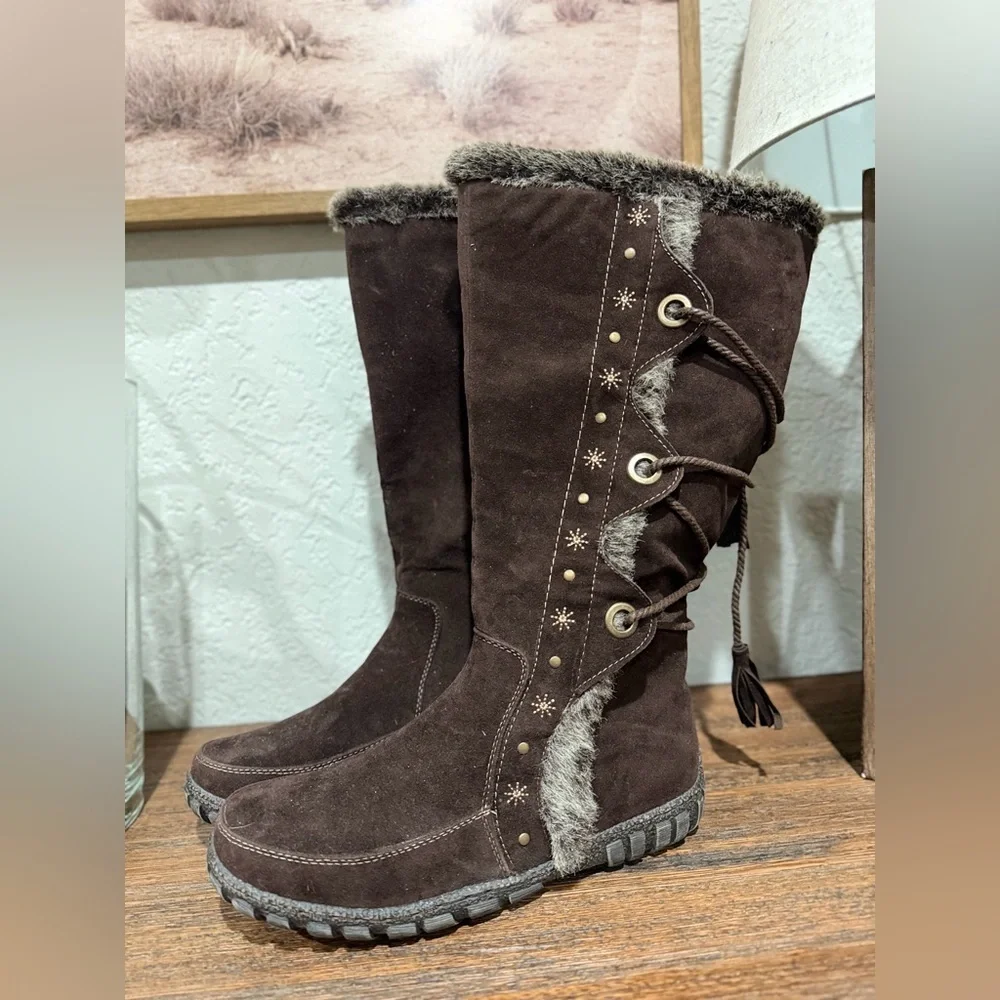 BUCCO CAPENSIS Noeles Brown SIDE ZIP KNEE HIGH BOOTS FAUX FUR TRIM Sz  10